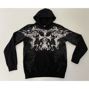 Men's Affliction Cross‎ Skulls Y2k Vintage Pullover Black Sweater Hoodie Medium